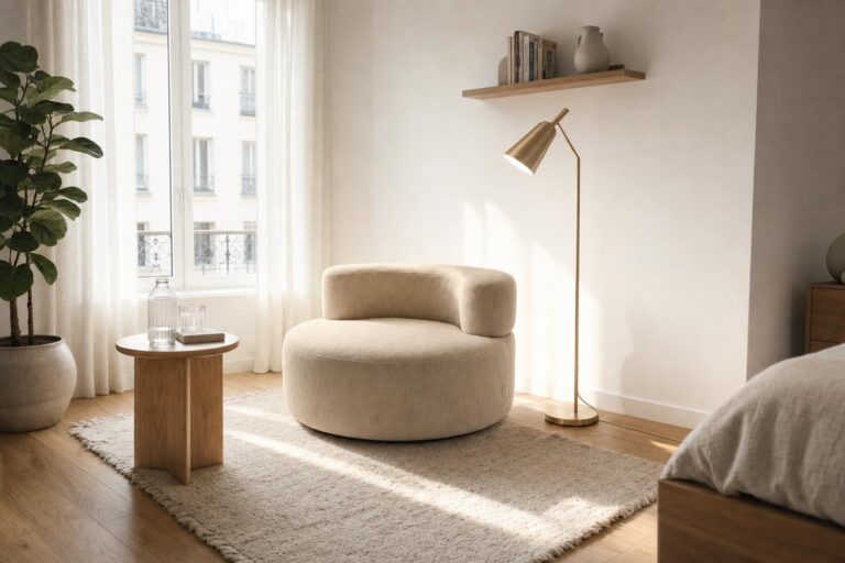 Un fauteuil modulable beige en tissu lisse avec coussins rembourrés dans un studio minimaliste de 20 m² aux murs blancs et au parquet en bois clair.