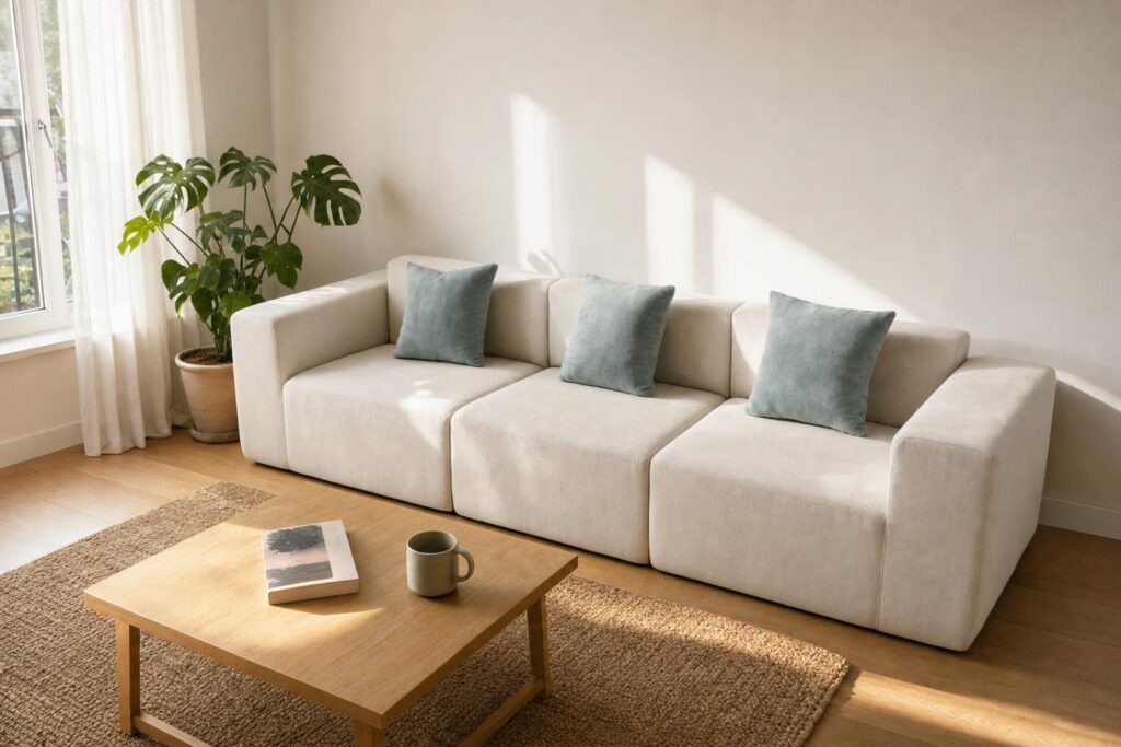 Canapé modulaire trois places Pure en tissu beige avec coussins bleu-gris dans un premier appartement lumineux, posé sur un parquet clair près d'une fenêtre avec plante verte.