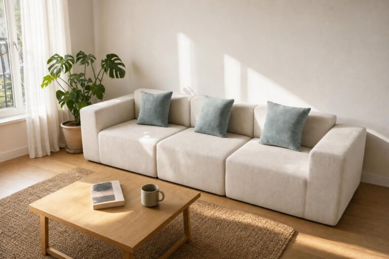 Canapé modulaire trois places Pure en tissu beige avec coussins bleu-gris dans un premier appartement lumineux, posé sur un parquet clair près d'une fenêtre avec plante verte.