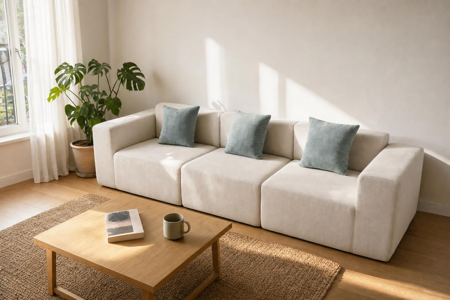 Canapé modulaire trois places Pure en tissu beige avec coussins bleu-gris dans un premier appartement lumineux, posé sur un parquet clair près d'une fenêtre avec plante verte.