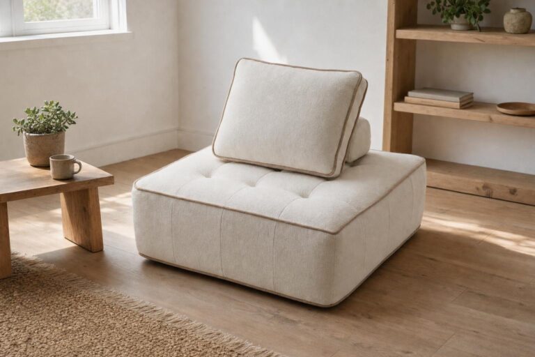 Fauteuil modulable Zen en tissu tissé beige sable disposé dans un salon minimaliste aux tons naturels avec parquet clair et lumière douce.