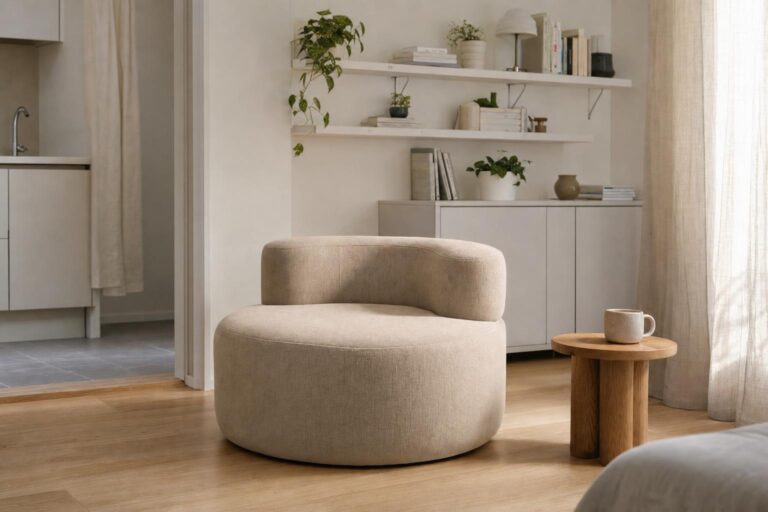 Un fauteuil modulable MILO beige en tissu lisse installé dans un petit studio moderne, entouré d'étagères murales blanches et de rangements optimisés.