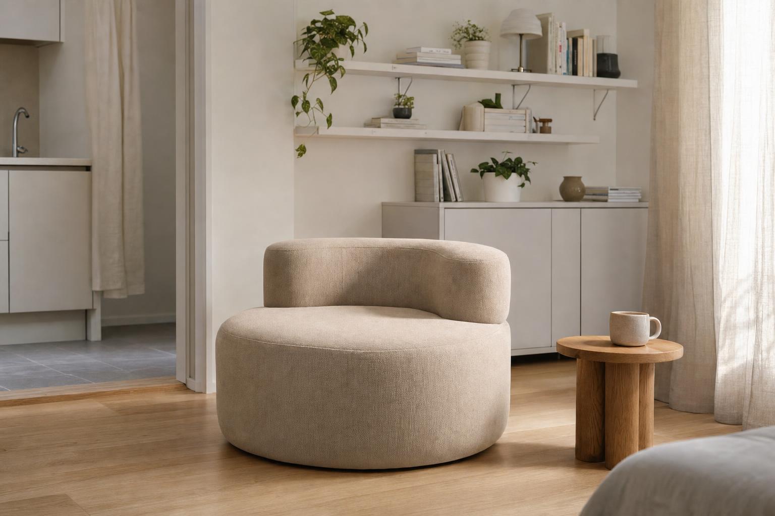 Un fauteuil modulable MILO beige en tissu lisse installé dans un petit studio moderne, entouré d'étagères murales blanches et de rangements optimisés.