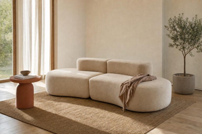 Un salon spacieux et lumineux avec quatre modules Lounge en tissu beige sable disposés en configuration organique, accompagnés d'accessoires minimalistes et d'une lumière naturelle douce.