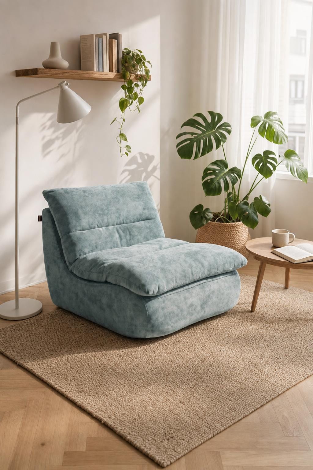 Fauteuil Nuvia en tissu beige dans un studio scandinave lumineux le matin avec plantes et mobilier en bois