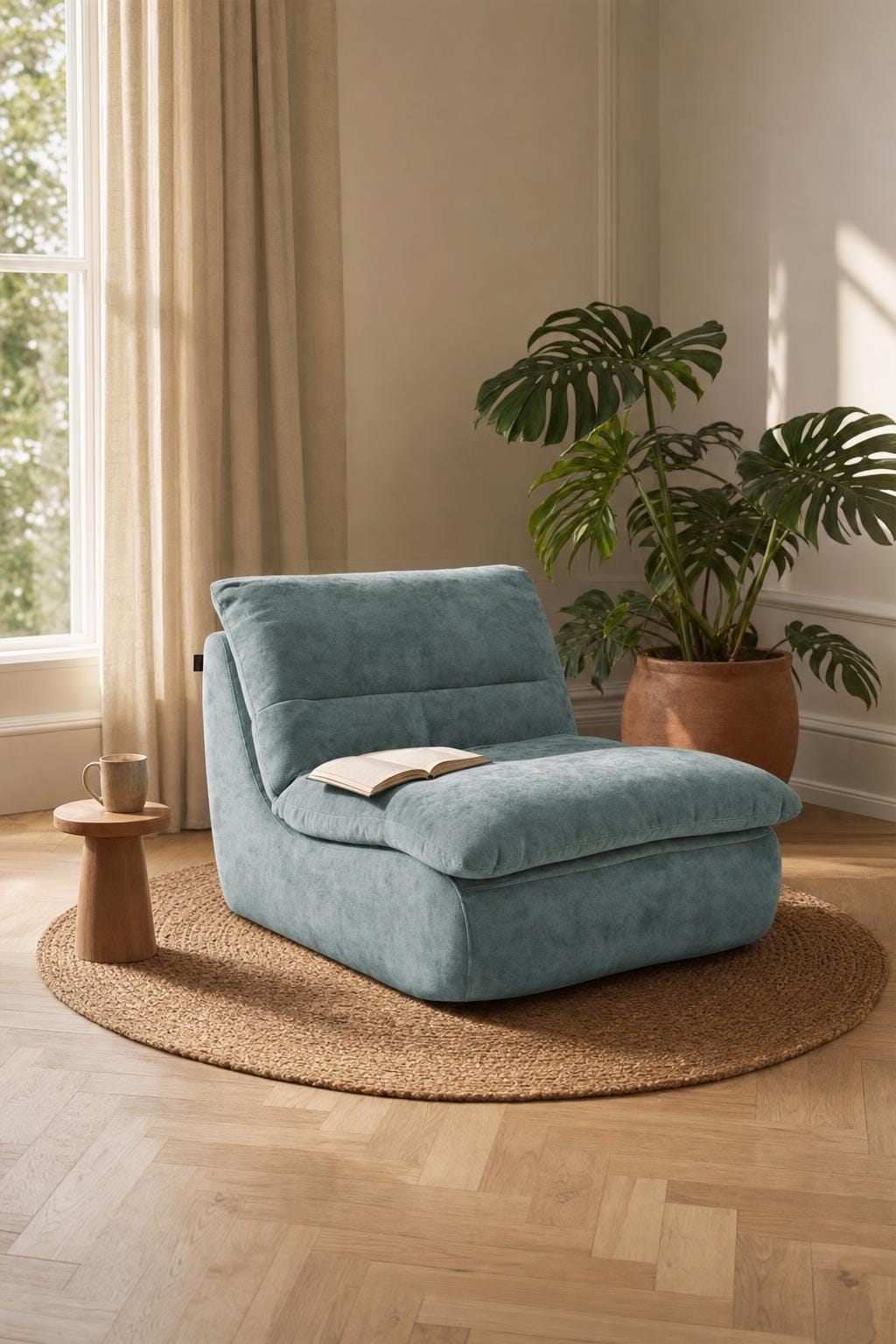 Fauteuil Nuvia beige dans un salon cosy lumineux le matin avec table basse, tapis et plantes