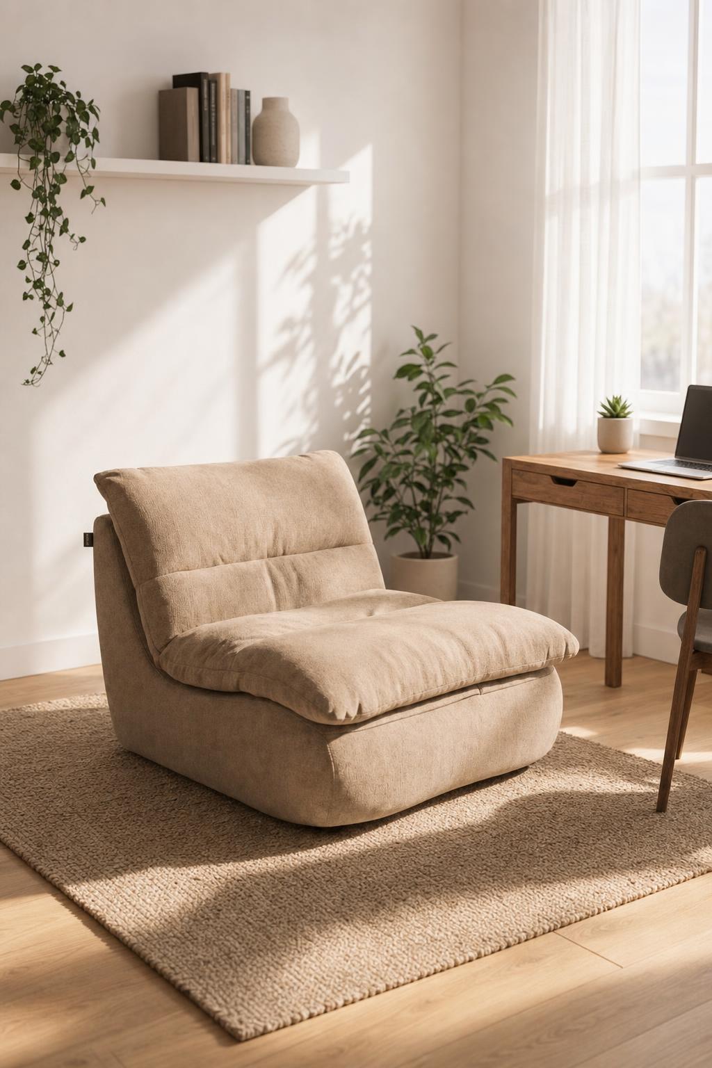 Fauteuil beige capitonné en tissu doux installé dans un salon lumineux avec bureau en bois, plantes vertes et ambiance naturelle cosy