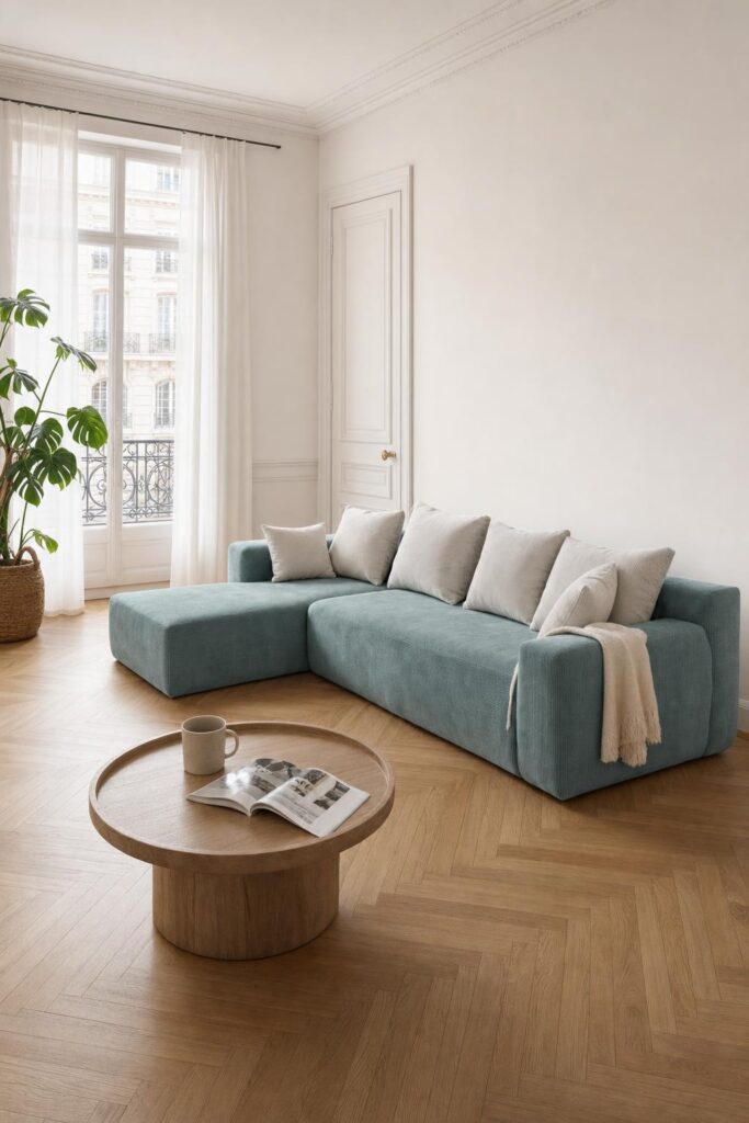 Canapé d'angle en tissu bleu canard avec coussins beiges dans un salon haussmannien lumineux au parquet chevron, ambiance épurée et élégante avec plante verte