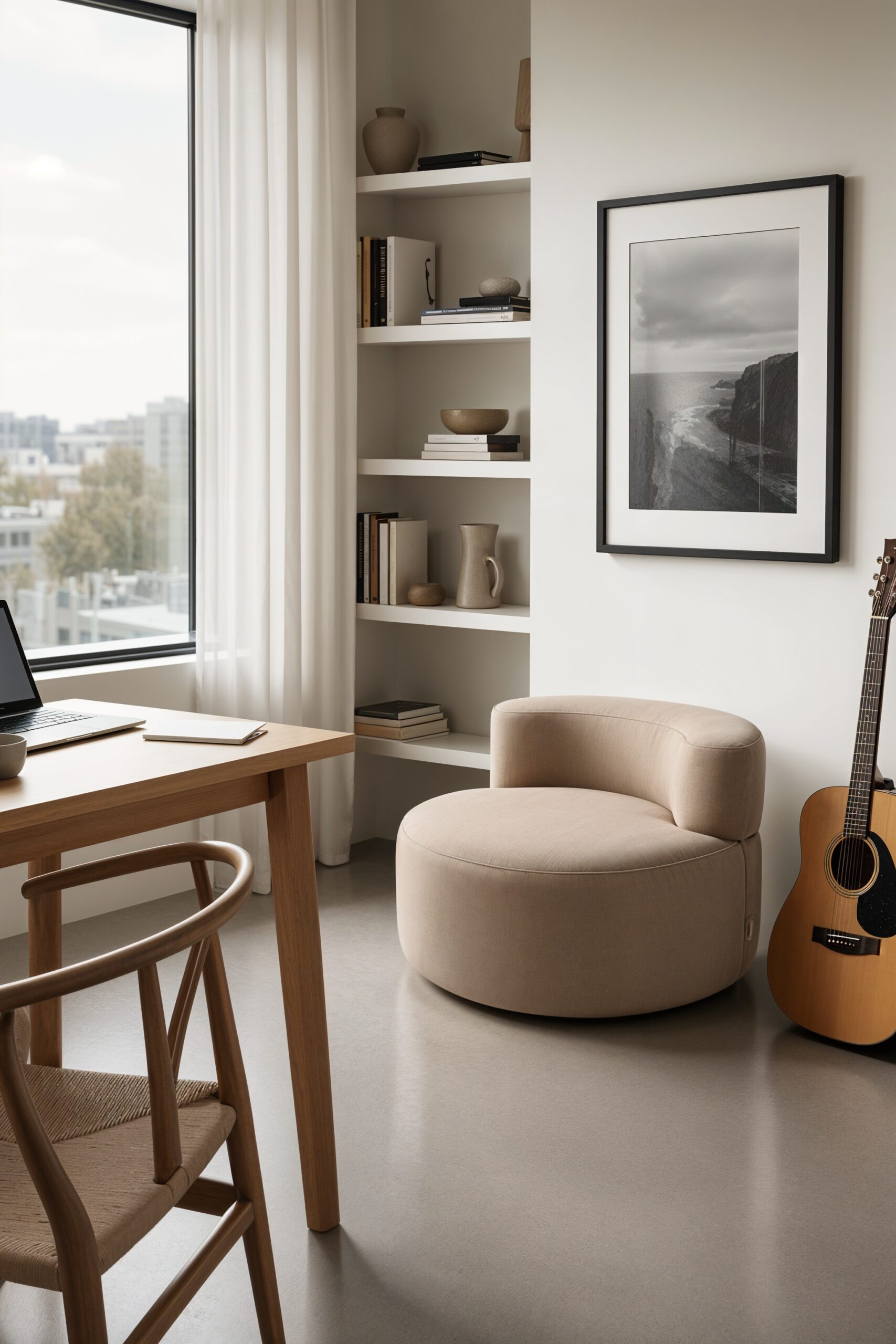 Fauteuil Milo sable dans une pièce de vie avec bureau en bois et étagères