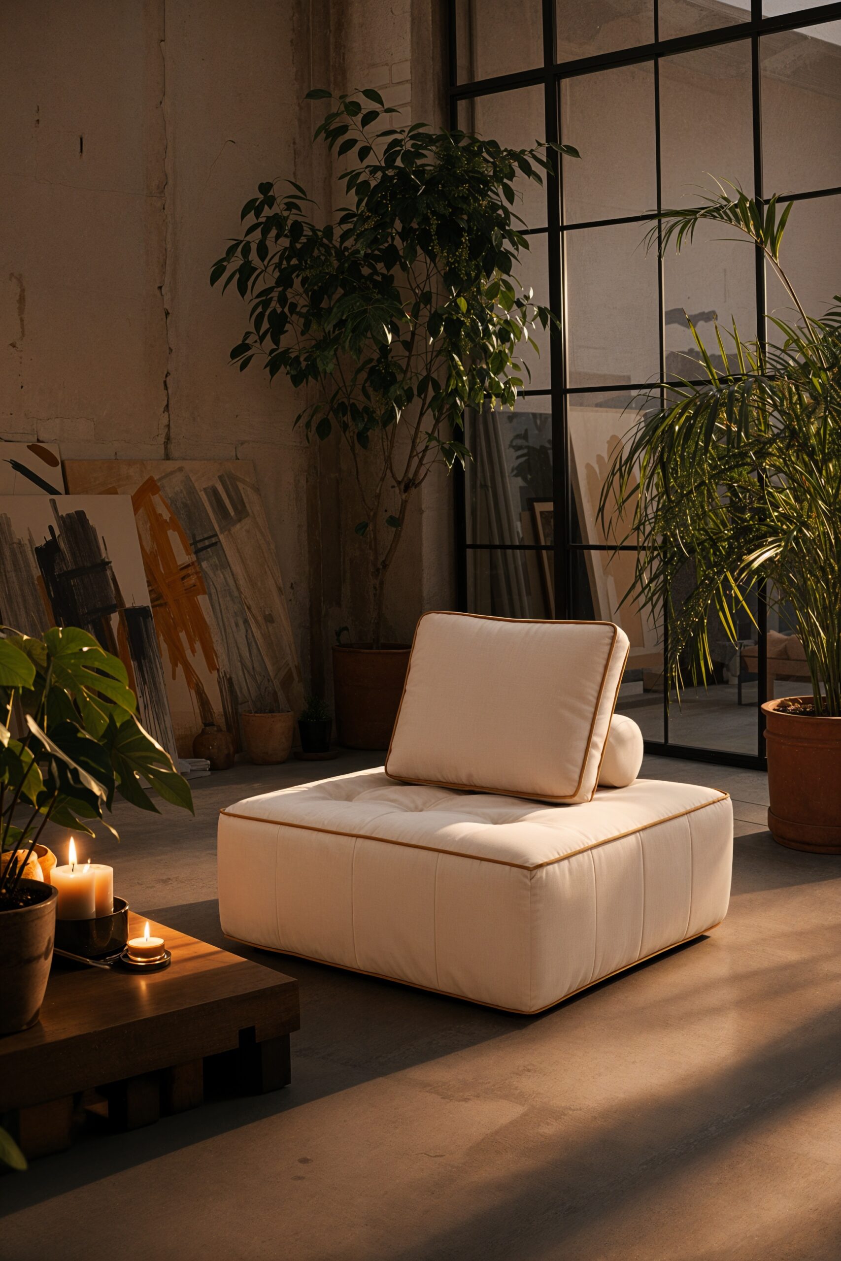 Fauteuil Zen blanc avec coussin orange dans un atelier d'artiste aux murs de briques peintes