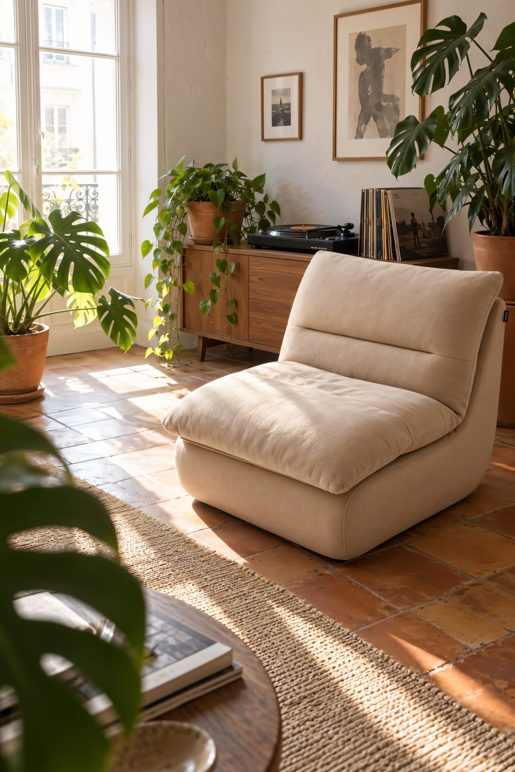 Fauteuil Nuvia sable dans une maison lyonnaise avec tomettes et lumière du matin