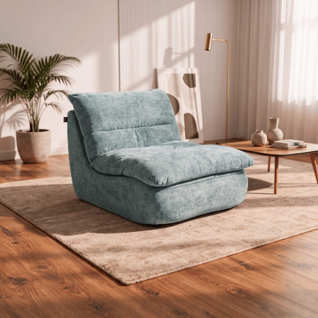 Un fauteuil bas en velours bleu-vert disposé dans un salon lumineux au style scandinave avec parquet, tapis beige, plante et mobilier en bois.