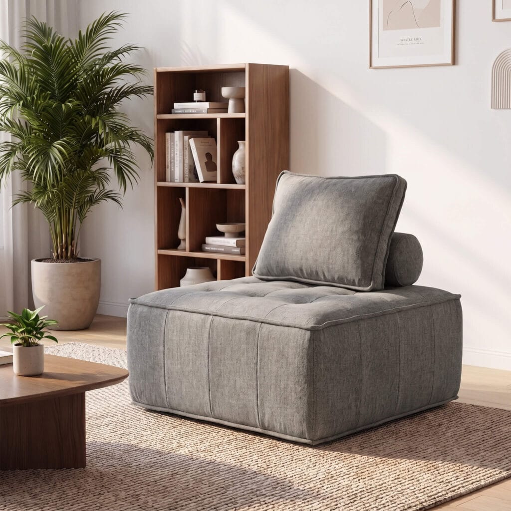 Fauteuil modulable gris en tissu avec coussins, installé dans un salon lumineux au style scandinave avec plante et étagère en bois.