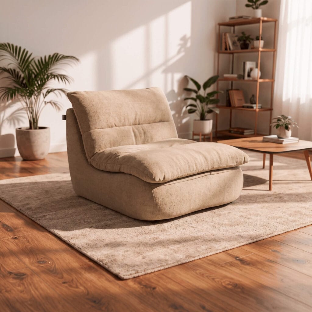 Fauteuil beige moelleux en tissu posé sur un tapis dans un salon lumineux aux tons naturels avec plantes et étagère en bois.