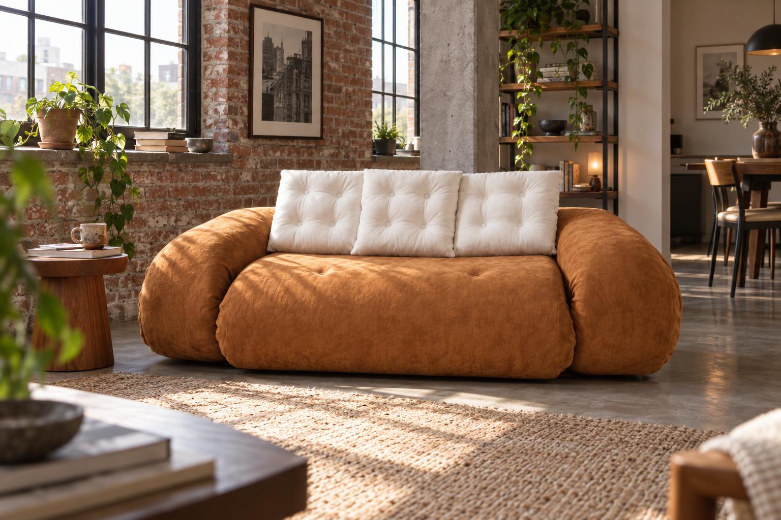 Canapé Okoa orange et blanc dans un loft lumineux avec mur de briques et verrière