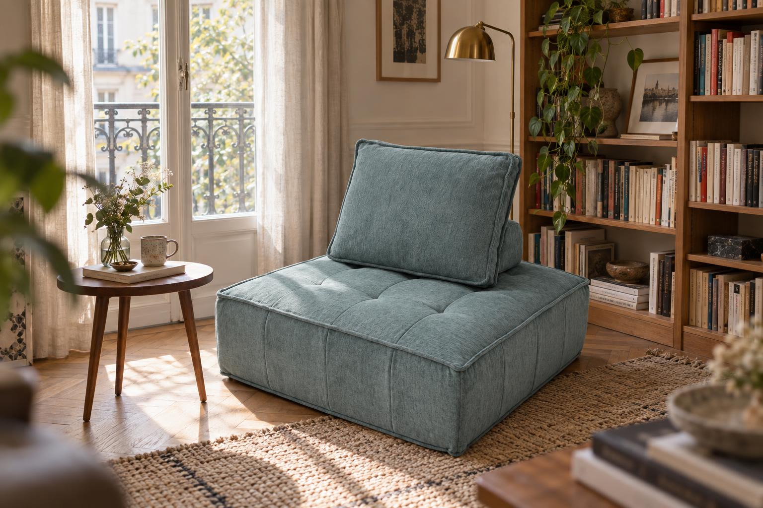 Fauteuil Zen sauge dans un coin lecture près d'une fenêtre, devant une bibliothèque