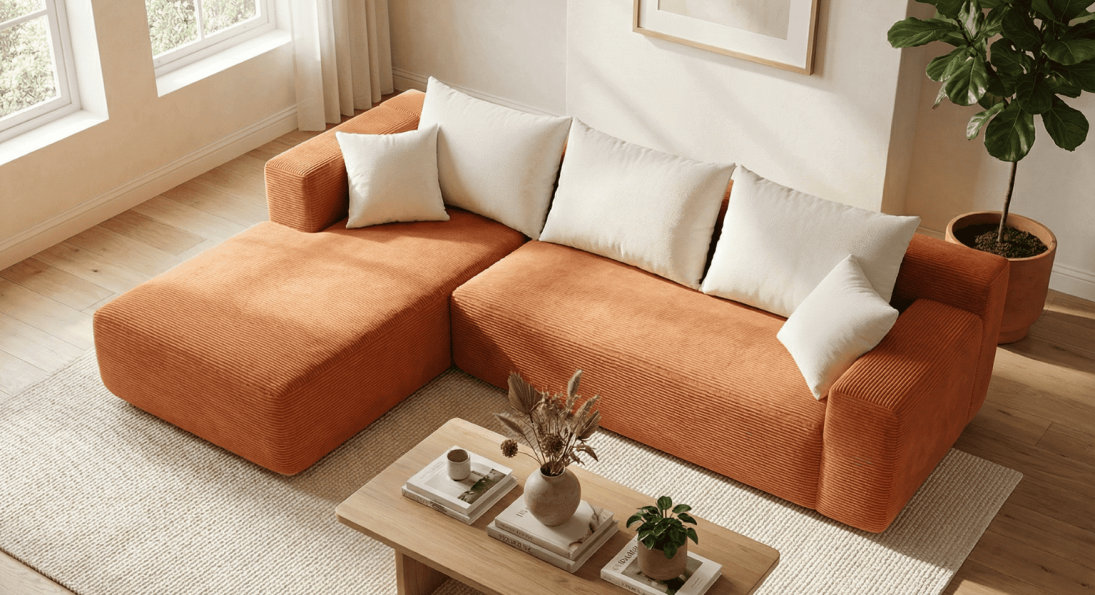 Canapé d'angle en tissu orange dans un salon lumineux et moderne.