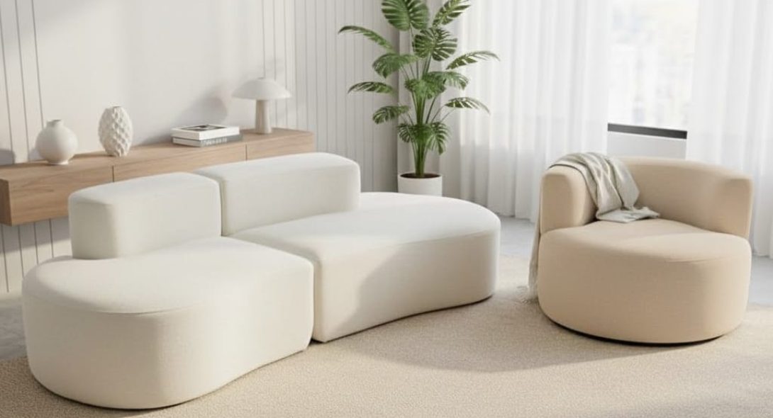Salon moderne minimaliste avec canapé blanc arrondi, fauteuil beige design et grande plante verte