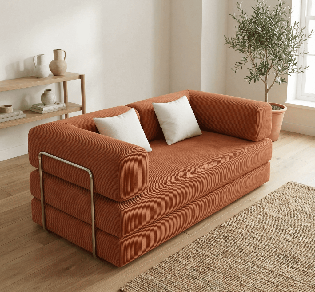 Canapé design orange en velours avec coussins blancs dans salon moderne minimaliste et chaleureux