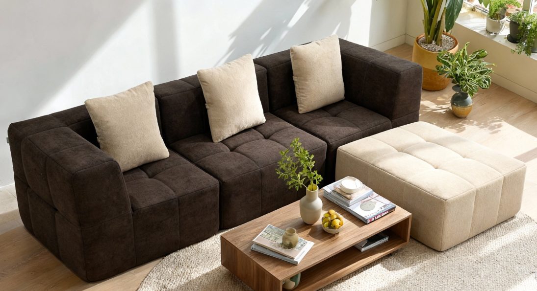 Salon moderne avec canapé d’angle en tissu marron, table basse bois et grande fenêtre lumineuse