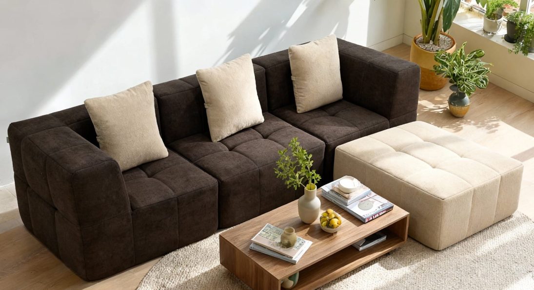 Salon moderne avec canapé d’angle en tissu marron, table basse bois et grande fenêtre lumineuse