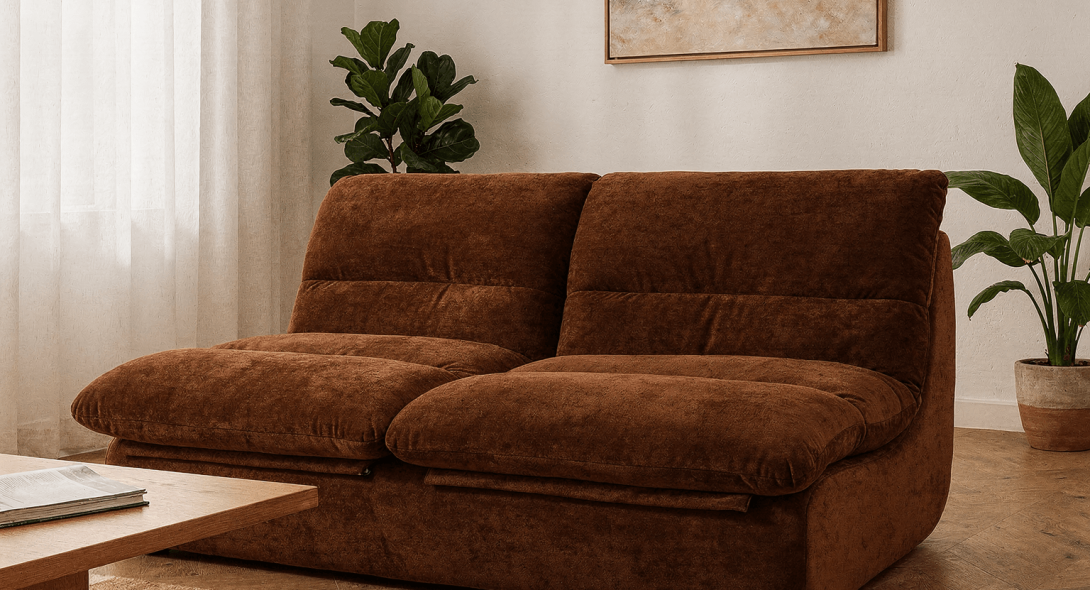 Salon cosy avec canapé marron en velours, plantes vertes et grande baie vitrée lumineuse