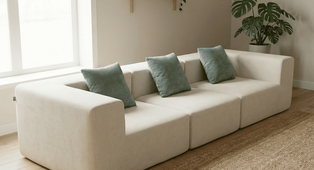 Canapé moderne beige trois places sans accoudoirs avec coussins verts, salon lumineux et plante verte