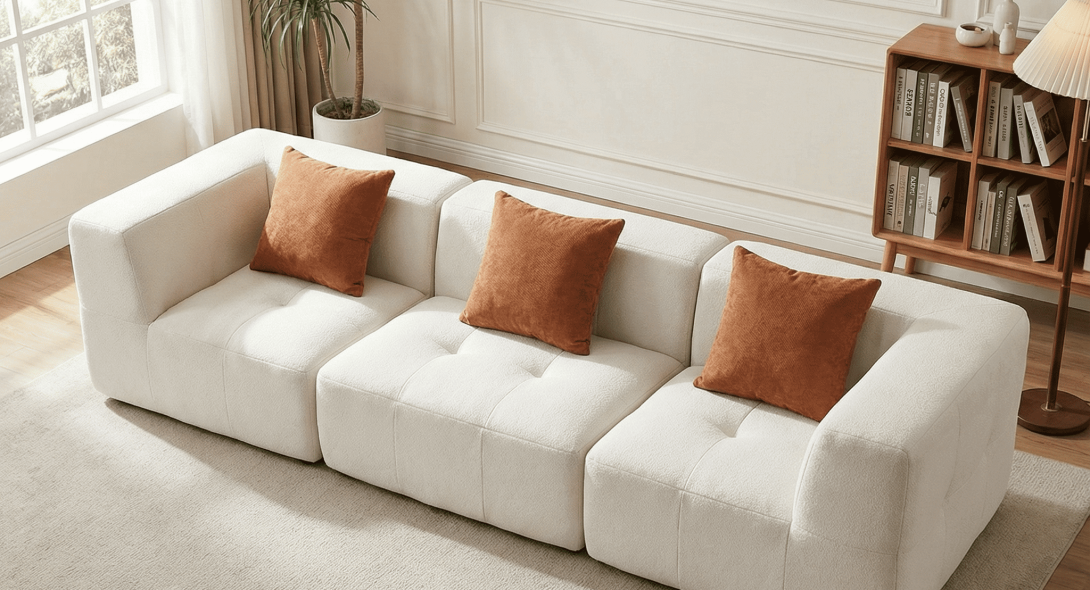 Salon moderne avec canapé beige minimaliste, coussins orange, plante verte et lumière naturelle abondante.