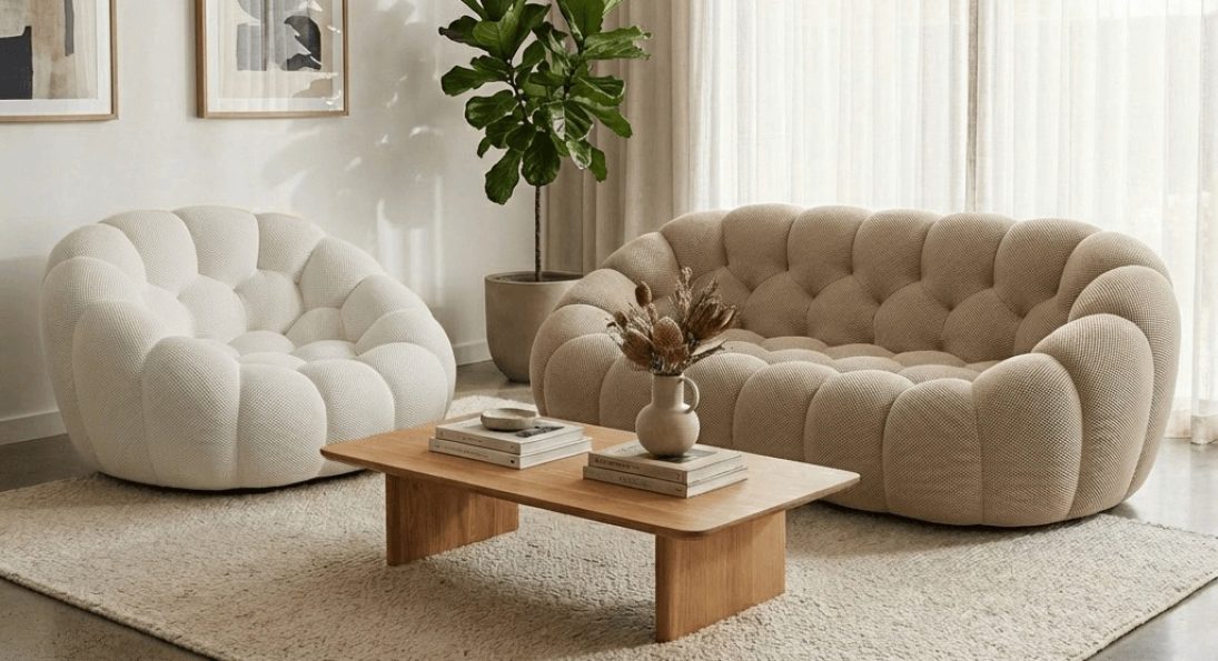 Salon contemporain beige et blanc avec fauteuil design, canapé tufté, table basse bois et lumière naturelle